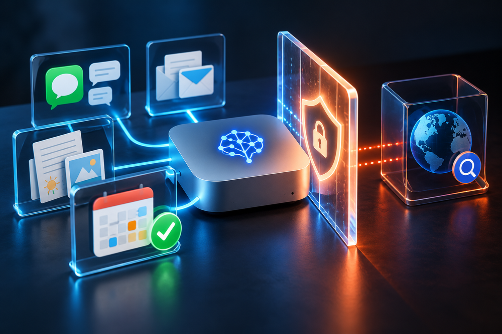 Illustration: Ein Mac mini verbindet Nachrichten, Mails, Dokumente und Kalender, eine Schutzwand trennt ihn vom Internet.